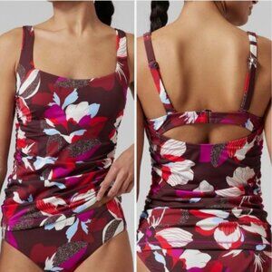 Athleta Floral Tankini Swim Top 36 BC Bottoms Large Chocolate Brown Red Pink
